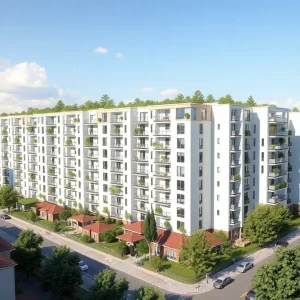 Illustration of a 300-unit affordable housing complex in Buffalo with green spaces.