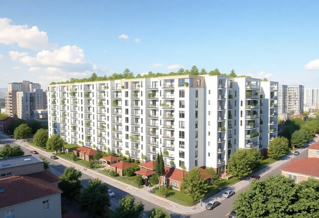 Illustration of a 300-unit affordable housing complex in Buffalo with green spaces.