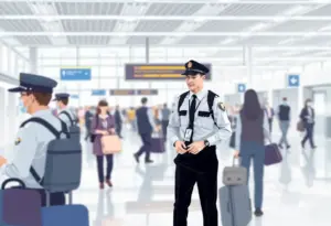 Airport security personnel responding to a threat in a busy terminal