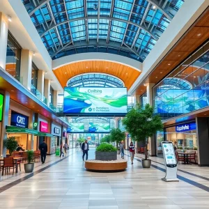 Modern Albany shopping plaza with digital signage and dining spaces.
