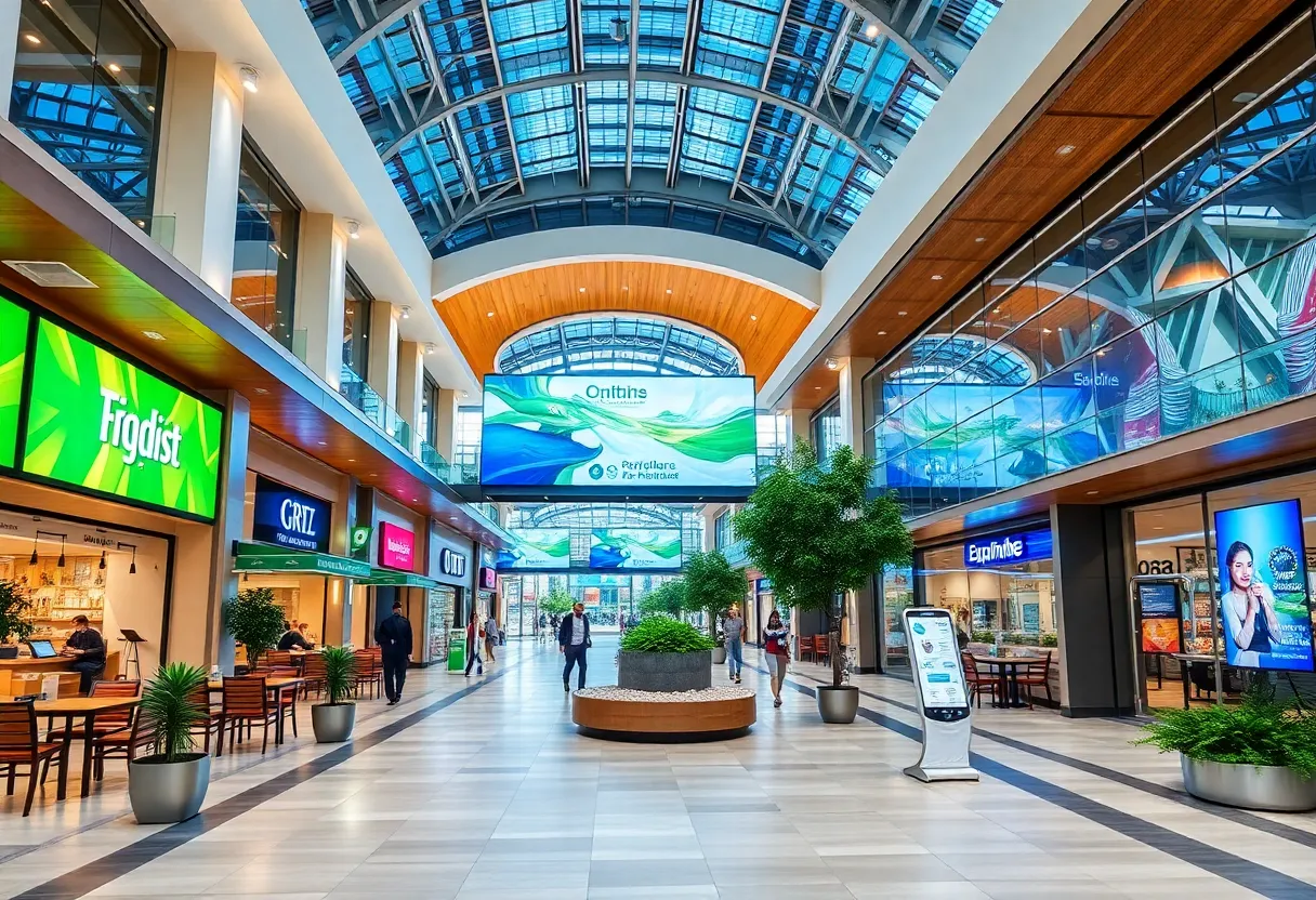 Modern Albany shopping plaza with digital signage and dining spaces.