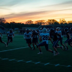 High school football players in action during a game at All-High Stadium in Buffalo.