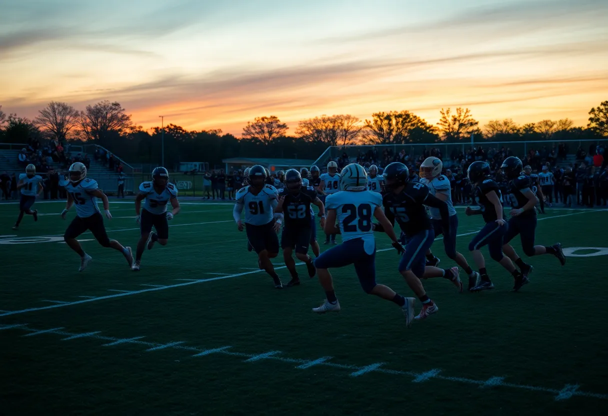 High school football players in action during a game at All-High Stadium in Buffalo.