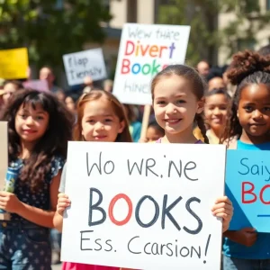 Kids holding signs at the Amherst Right to Read rally