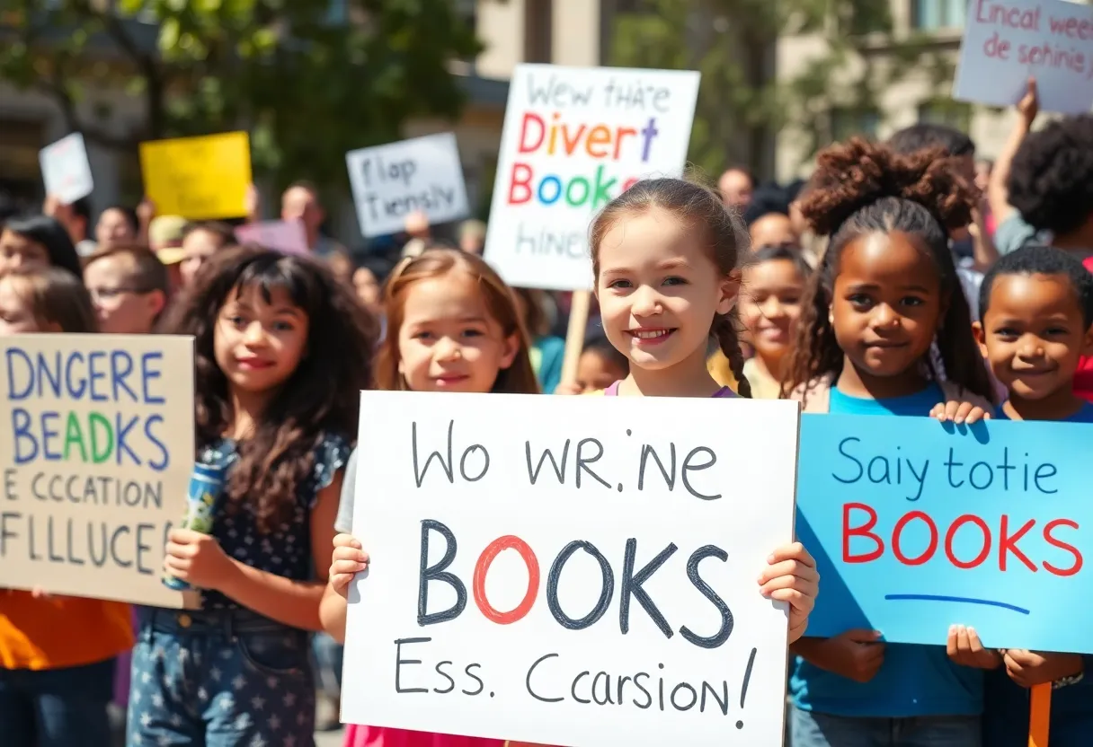 Kids holding signs at the Amherst Right to Read rally