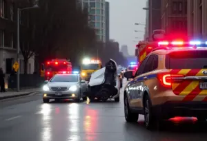 Emergency services at a rollover crash scene on a rainy Amherst Street