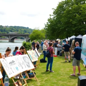 A view of the Artpark tribute exhibit with live performers and art displays.