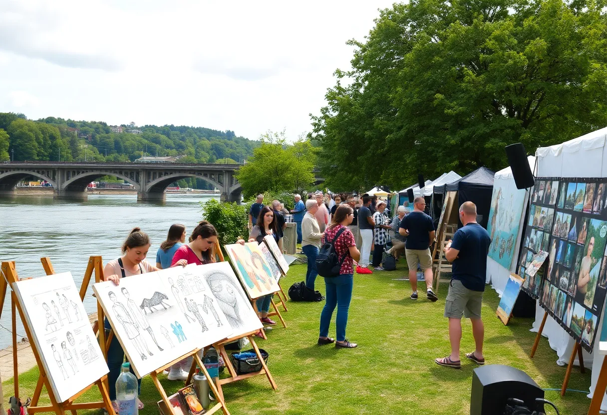 A view of the Artpark tribute exhibit with live performers and art displays.
