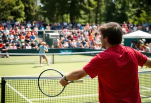 Binghamton women's tennis players competing during a match.