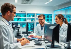 Researchers collaborating in a biotech lab on AI health diagnostics