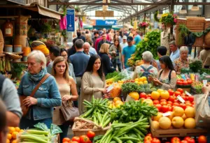 Wide view of Broadway Market with shoppers and various stalls of fresh products.