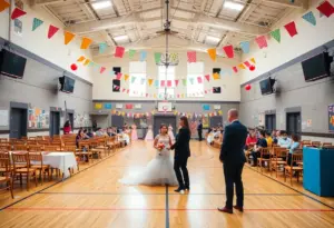Decorated gymnasium for a surprise wedding event at Buffalo Academy