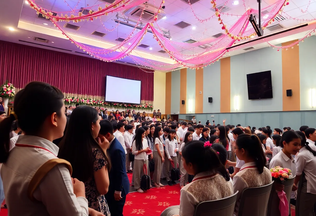 Students celebrating a surprise wedding ceremony in a school auditorium