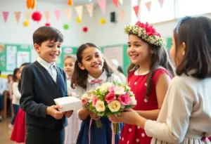 Students celebrating a wedding surprise in a school setting
