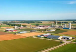 Aerial view of Genesee County farms and manufacturing sites.