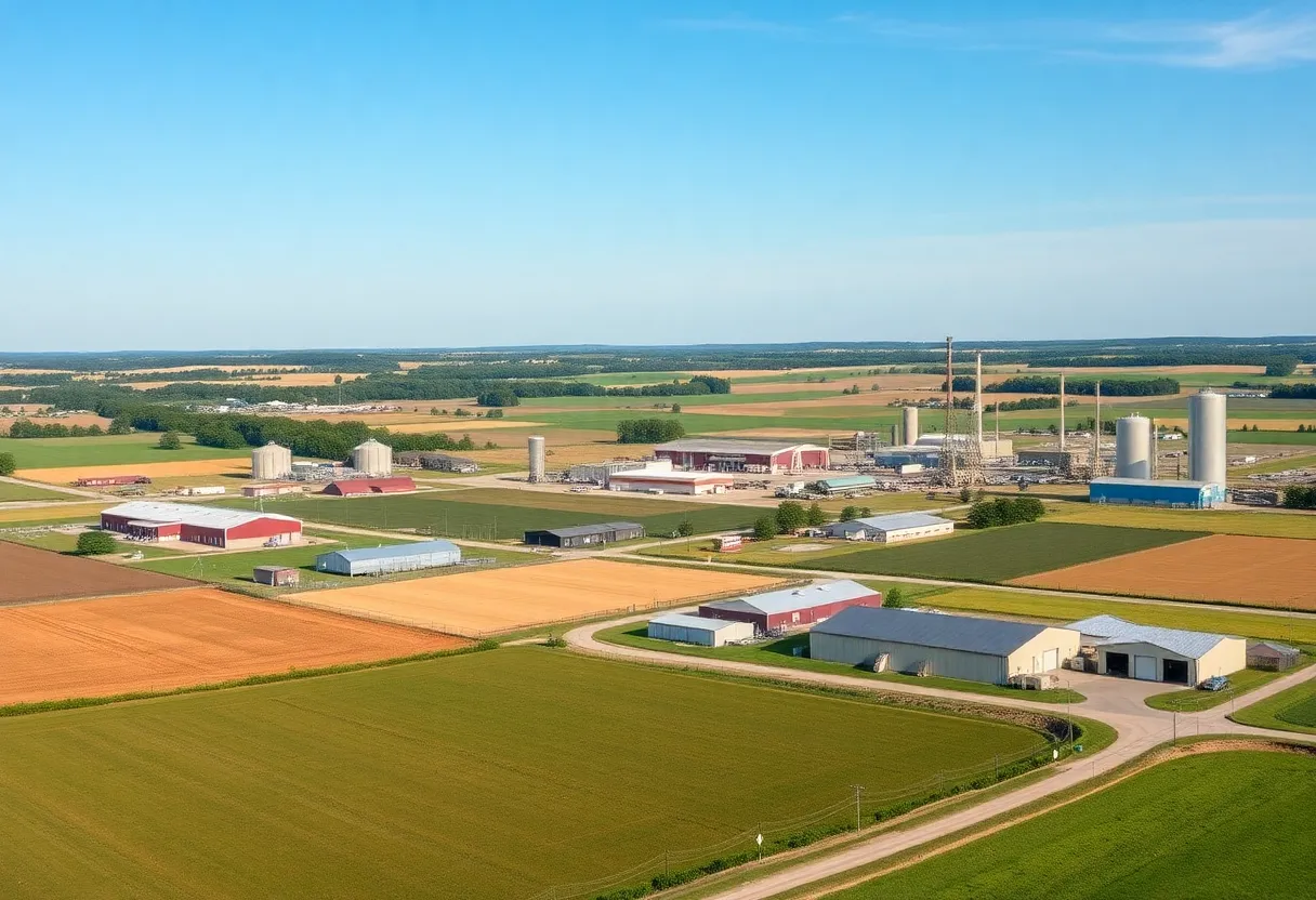 Aerial view of Genesee County farms and manufacturing sites.