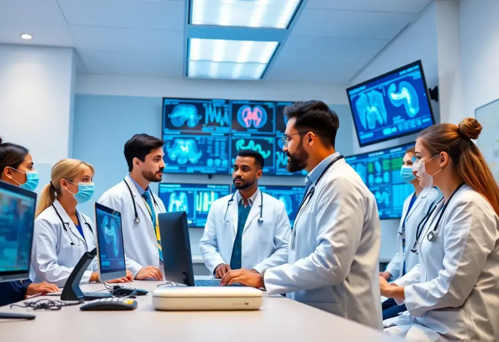 Healthcare professionals training with AI technology in a medical lab.