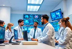 Healthcare professionals training with AI technology in a medical lab.