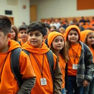 Students wearing orange during the Buffalo anti-bullying campaign event