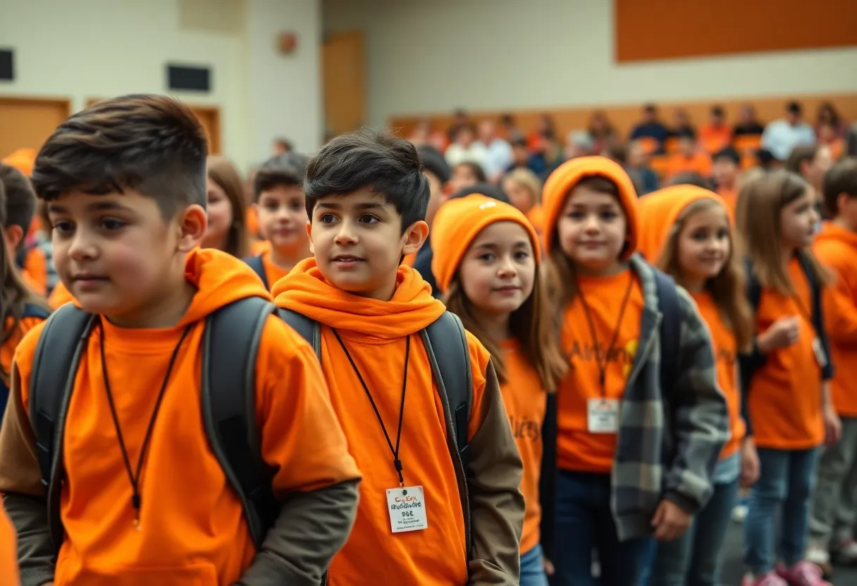 Students wearing orange during the Buffalo anti-bullying campaign event