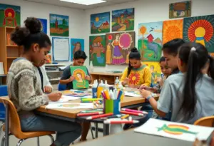 Students participating in an art therapy workshop at Hutchinson Central Technical High School