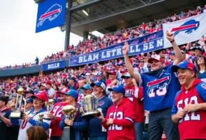 Fans at Highmark Stadium celebrating Buffalo Bills history with memorabilia