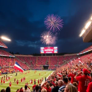 Fans celebrating the Buffalo Bills victory with fireworks in the background