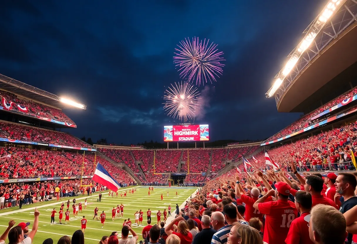 Fans celebrating the Buffalo Bills victory with fireworks in the background