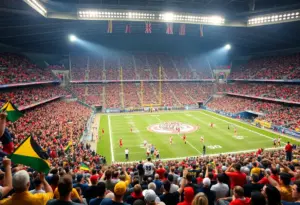 Buffalo Bills fans cheering in the stadium during a football game against the Patriots.