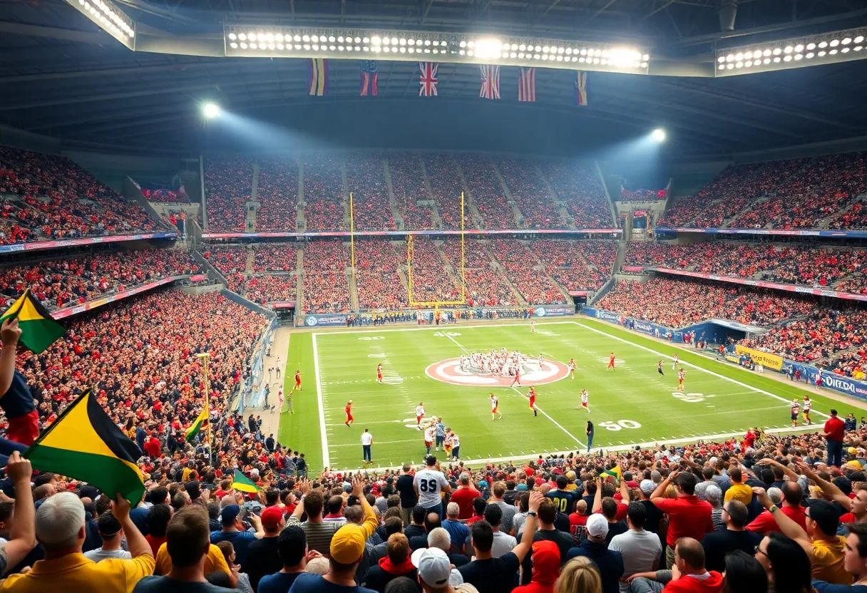 Buffalo Bills fans cheering in the stadium during a football game against the Patriots.