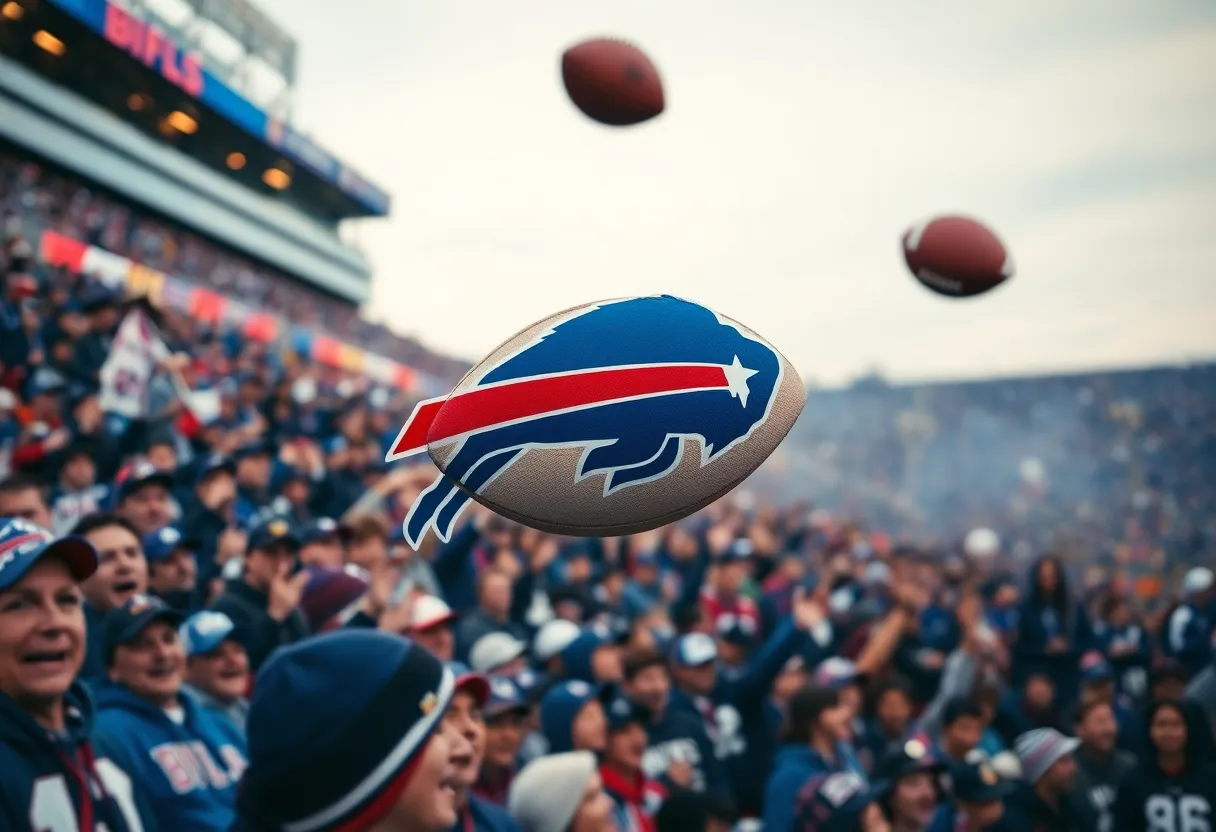 Fans cheering during a Buffalo Bills game with a football in mid-air.