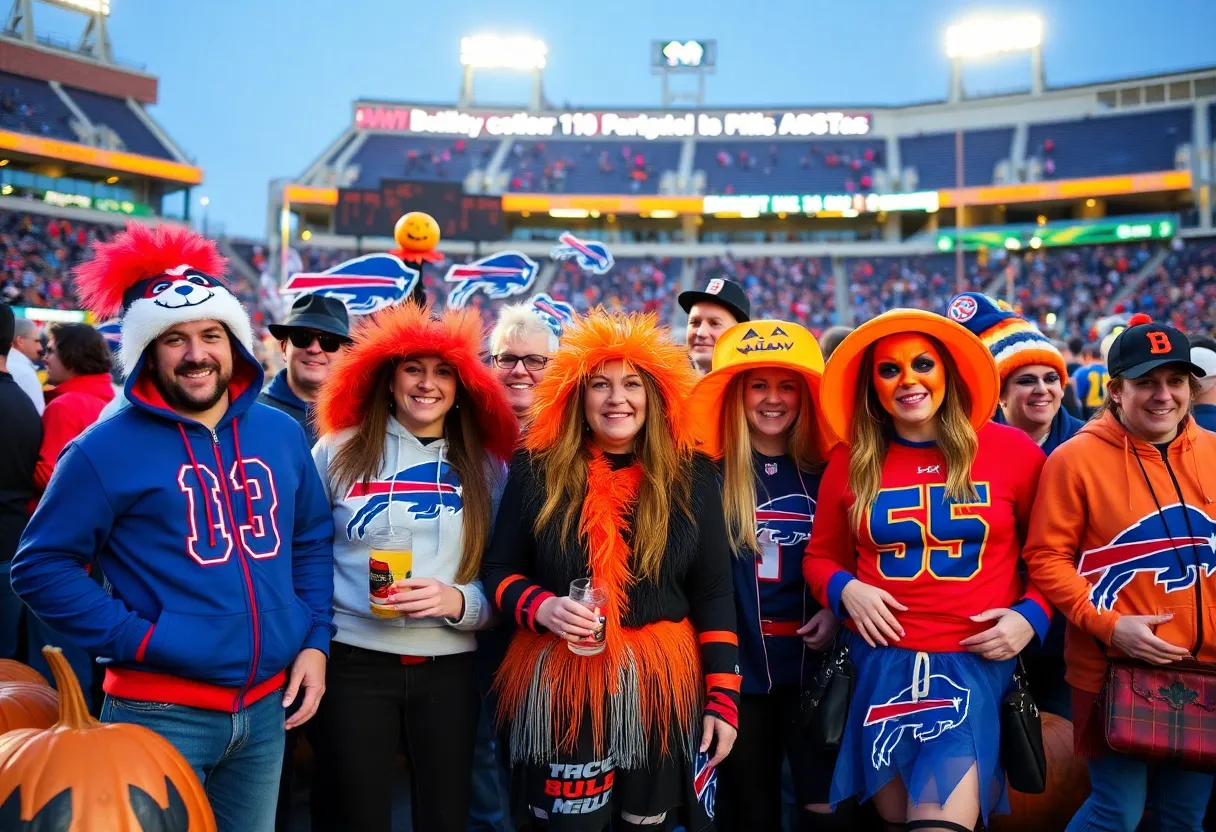 Fans wearing Halloween costumes celebrating at Buffalo Bills tailgate