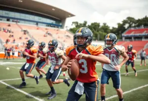 Buffalo Bills players practicing on the field in preparation for the upcoming game.