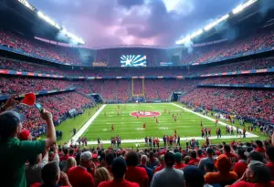 Buffalo Bills and Atlanta Falcons players during Monday Night Football at Mercedes-Benz Stadium