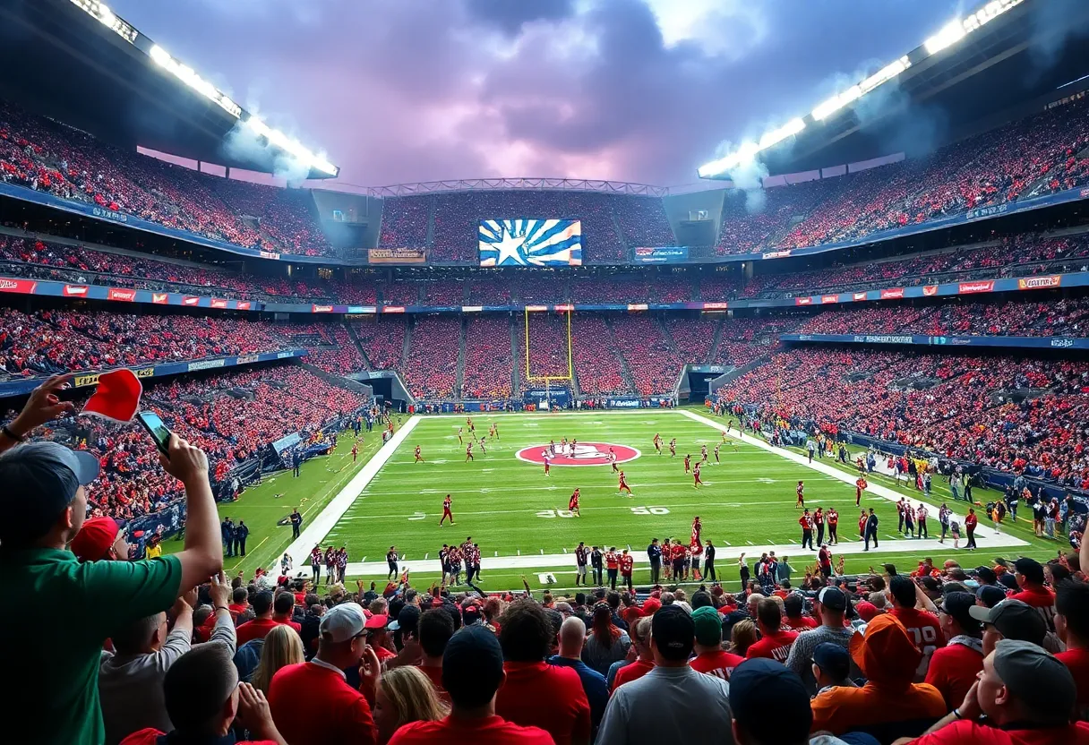 Buffalo Bills and Atlanta Falcons players during Monday Night Football at Mercedes-Benz Stadium