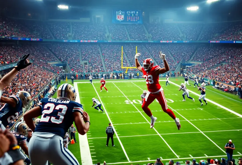 Buffalo Bills players celebrating after a touchdown in a football game against the Carolina Panthers