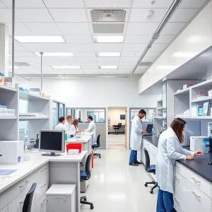 Interior of the biotech research hub in Buffalo with researchers working on immunotherapy.