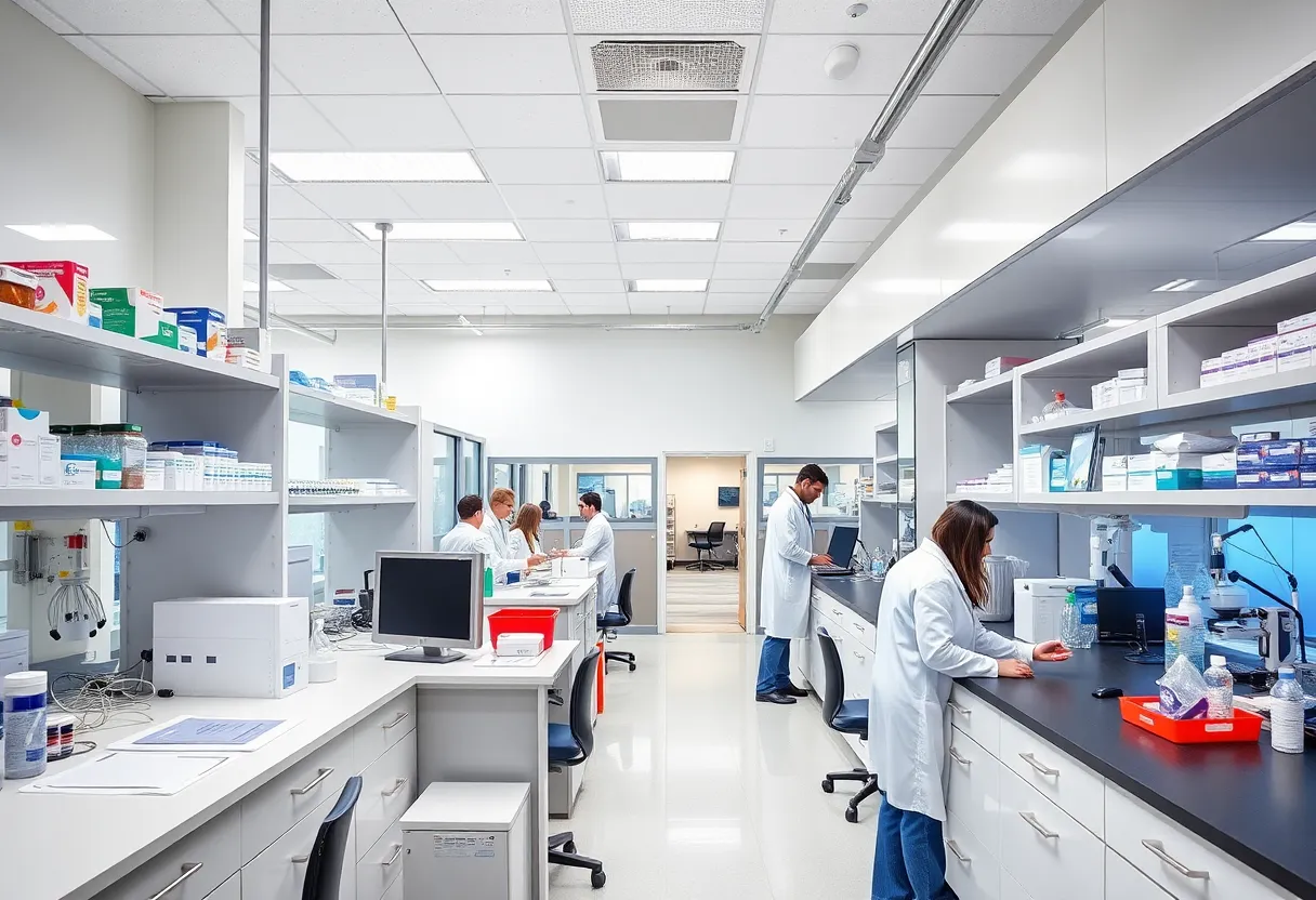 Interior of the biotech research hub in Buffalo with researchers working on immunotherapy.
