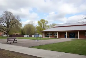 A quiet park and school in Buffalo reflecting the decline in birth rates.