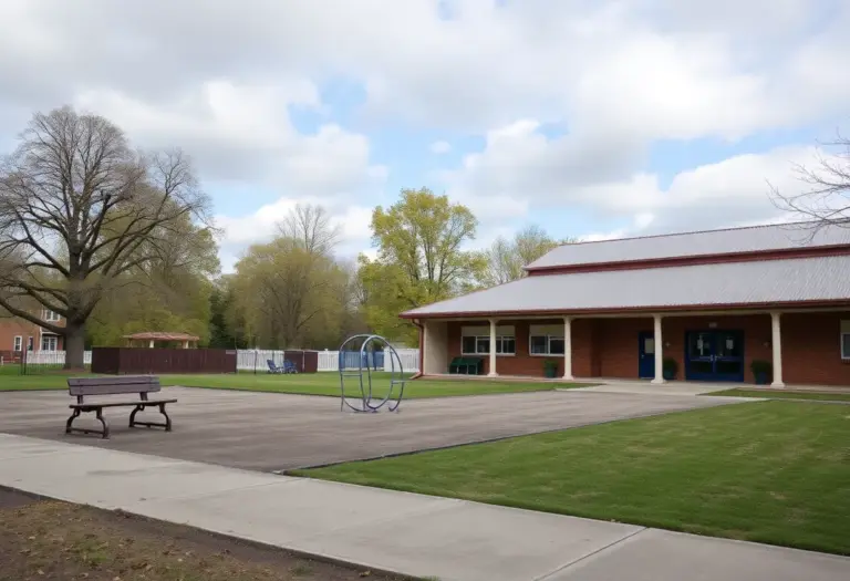 A quiet park and school in Buffalo reflecting the decline in birth rates.