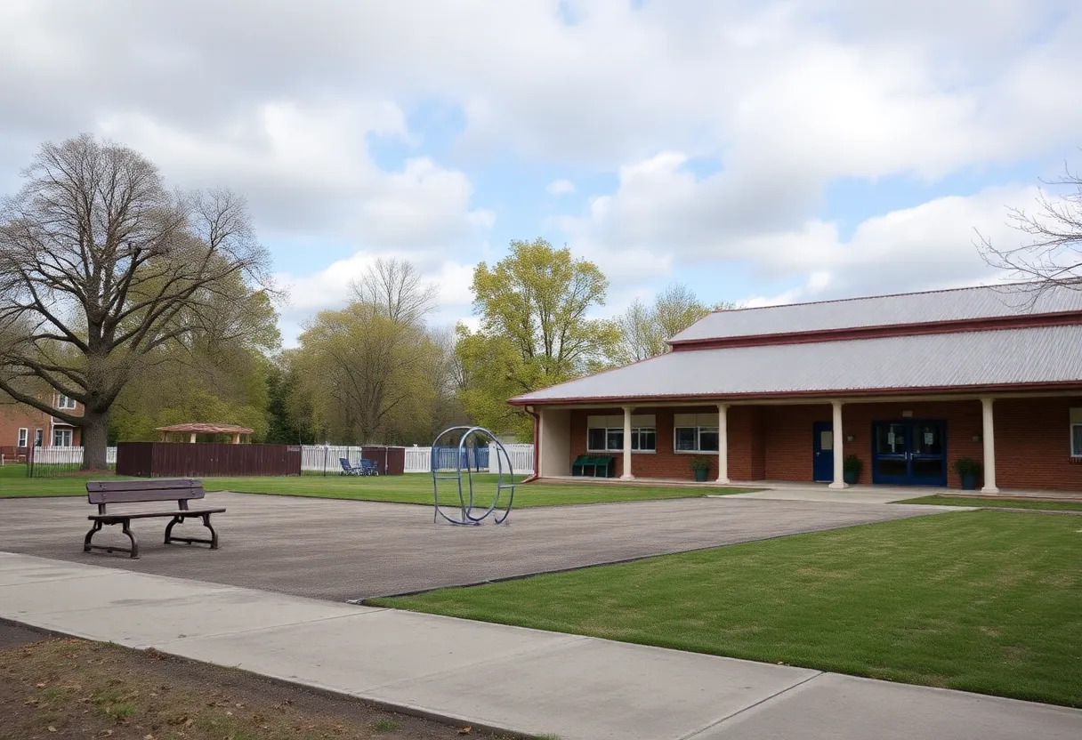 A quiet park and school in Buffalo reflecting the decline in birth rates.