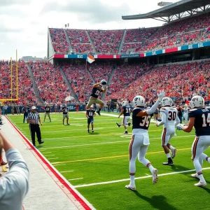 Buffalo Bulls players celebrating a touchdown during an overtime game.