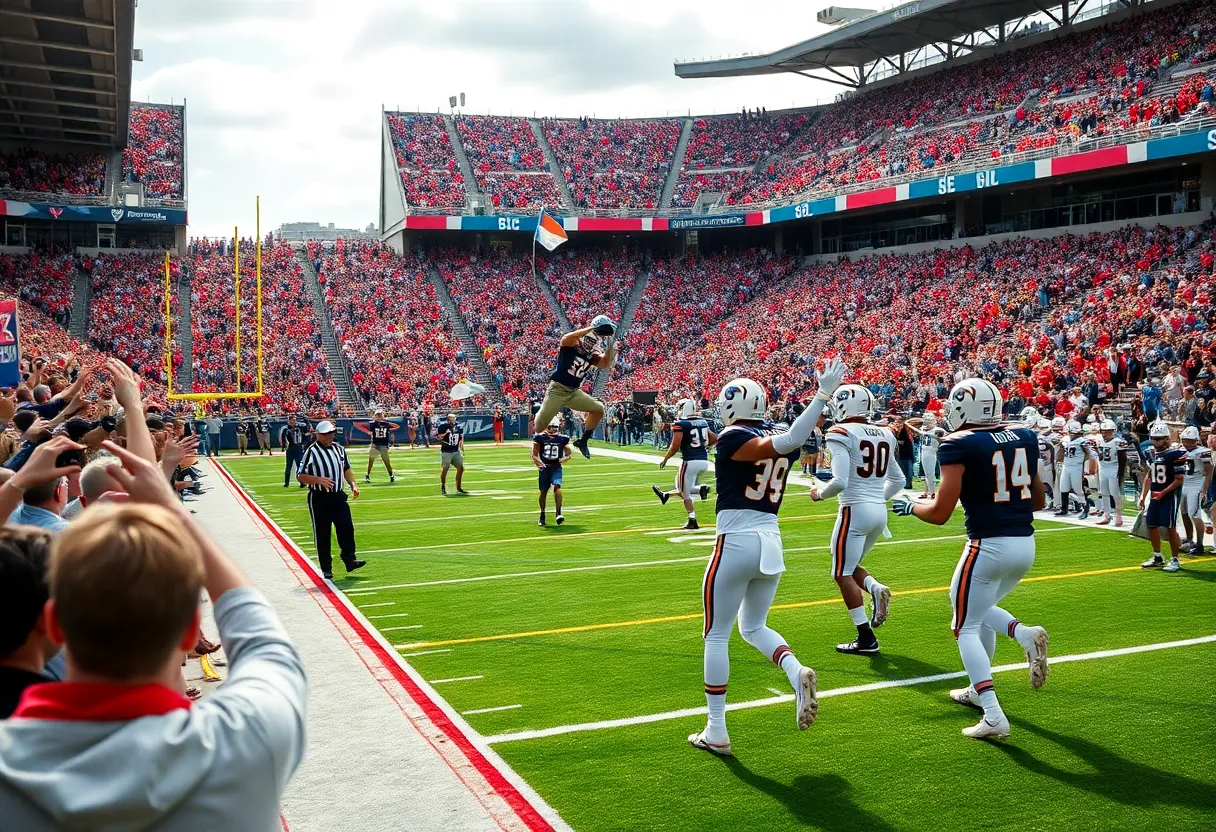 Buffalo Bulls players celebrating a touchdown during an overtime game.