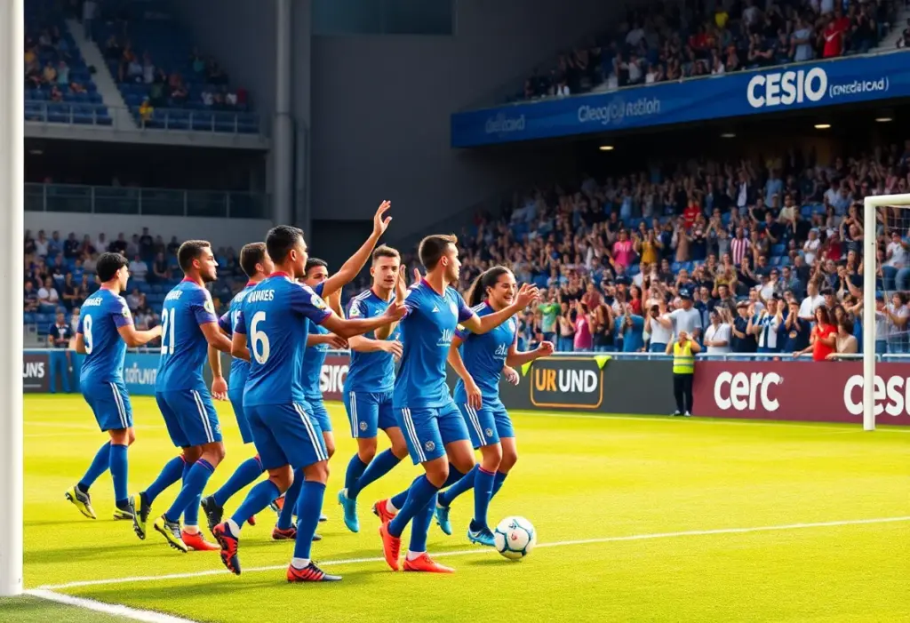 Buffalo Bulls soccer team celebrating a goal during the match against UMass.
