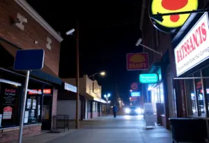 Nighttime view of small businesses in Buffalo implementing security measures against burglaries.