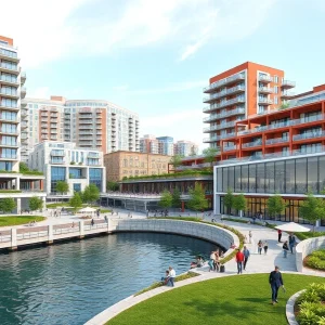 Render of Buffalo's Canalside development featuring luxury condos and waterfront retail space.