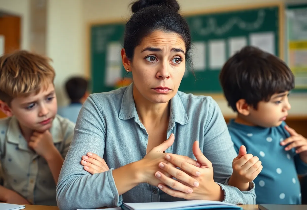 A parent with children looking stressed about child care options