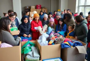 Volunteers in Buffalo sorting donations for children in need during a community drive