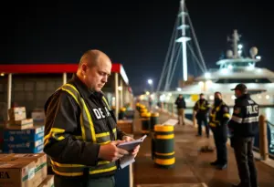 Agents inspecting counterfeit goods during a disrupted operation at the waterfront in Buffalo