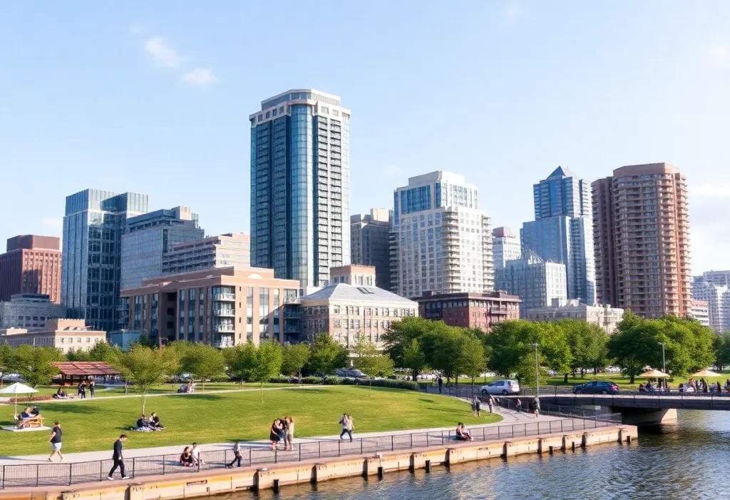 View of downtown Buffalo with new condominiums and waterfront park.